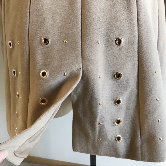 White House Black Market Eyelet Studded Coat Belted Jacket Tan Gold Size Large - Picture 10 of 13
